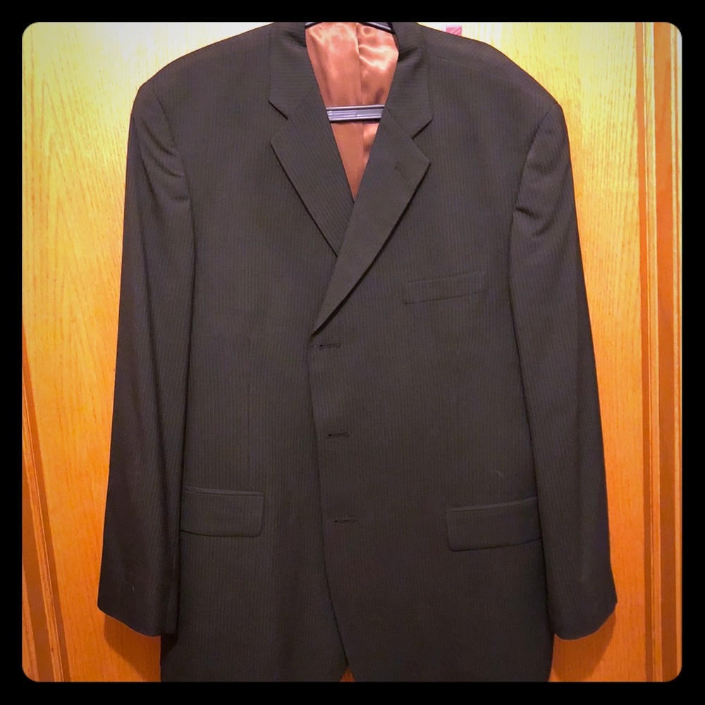 Black suit with thin brown strips.